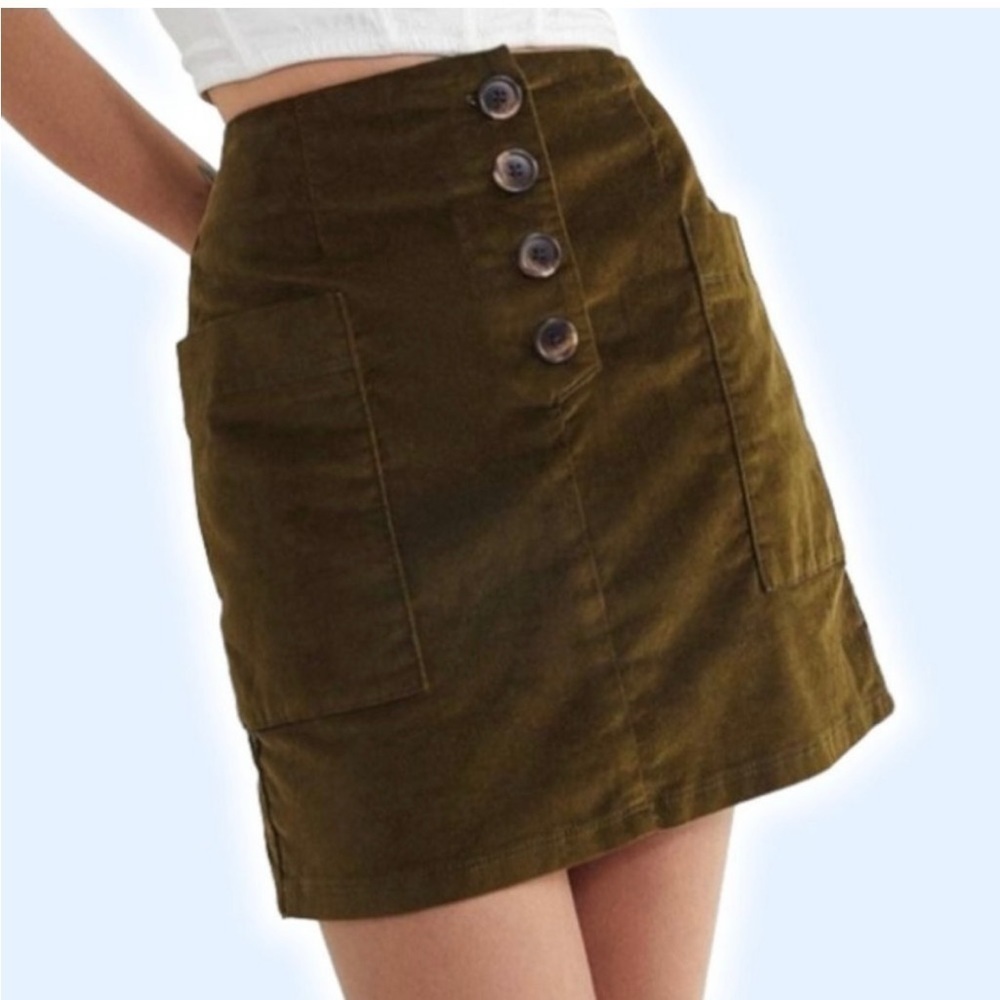 Urban Outfitters-BDG Double Pocket Velvet Button Front Mini Skirt (Size:Large)